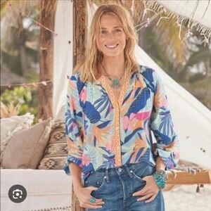 Sundance Canary Isles Top Large Petite PL Tropical Resort Leaf Print Relaxed